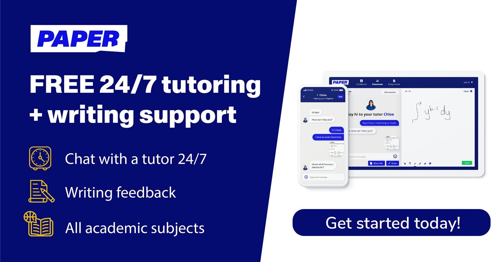 This is a graphic advertising the free tutoring and writing support service Paper